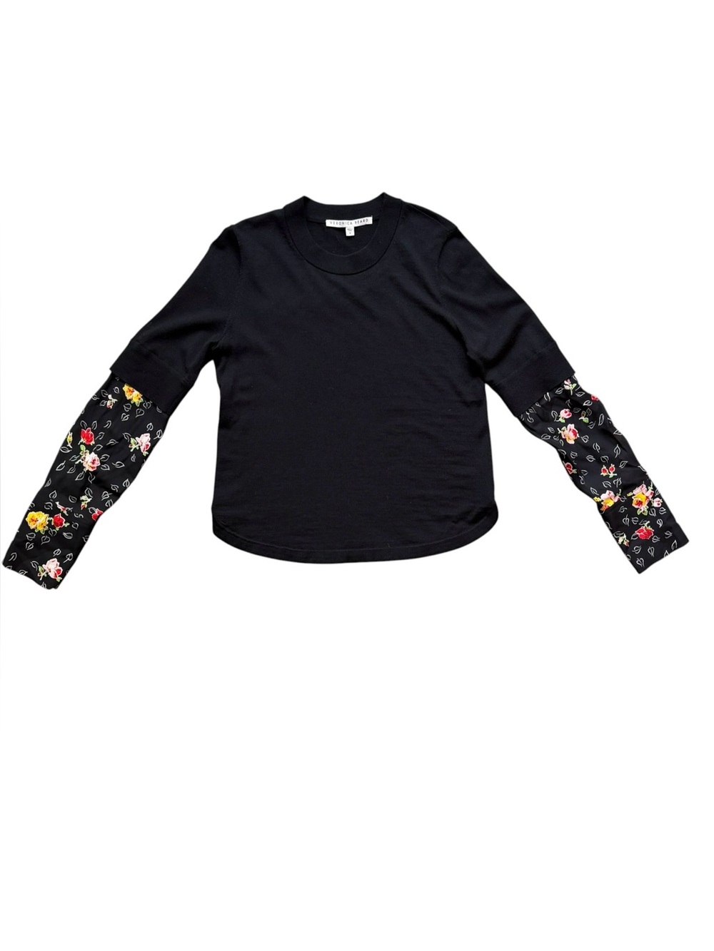 Veronica Beard Black Merino Wool Silk Floral Sleeves Mixer Media Long Sleeve Top